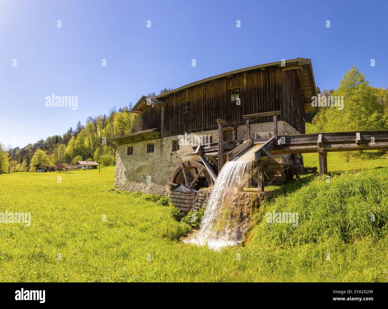 Primo piano di un mulino ad acqua con acqua corrente e un ambiente verde e naturale, Nussdorf Muehle Foto Stock