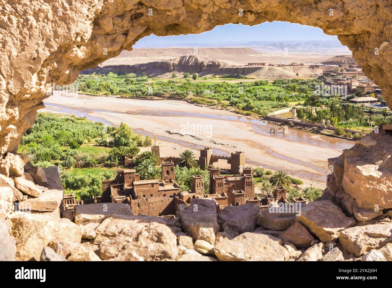 Vista della Kasbah di Ait Benhaddou, Ait Ben Haddou, Ouarzazate, Marocco, Africa Foto Stock