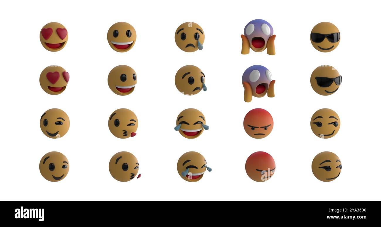 Immagine di venti icone emoji su sfondo bianco 4k Foto Stock