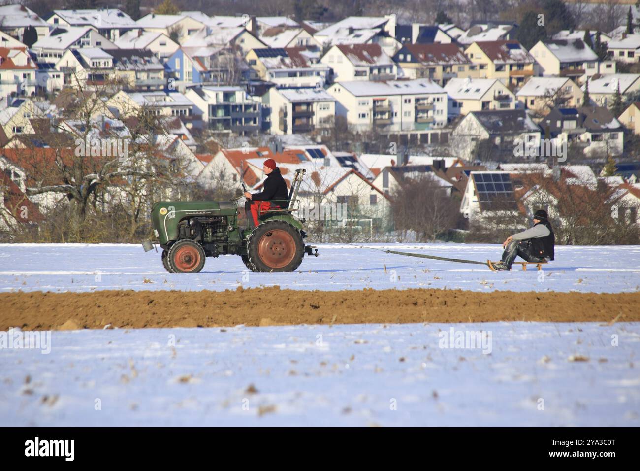 In inverno, il trattore trasporta il conducente di slitte su un prato Foto Stock