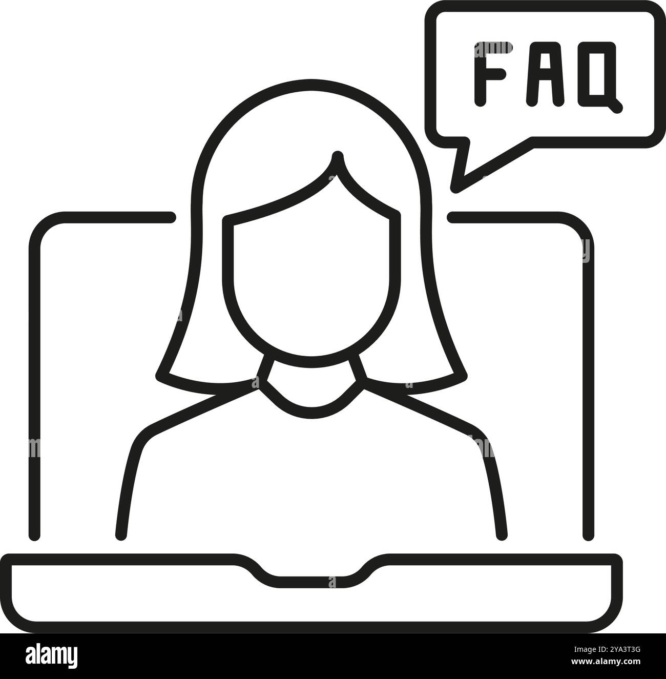 Icona donna sulla linea di videochiamata con FAQ Bubble per supporto e comunicazione online. Simbolo del servizio di assistenza clienti virtuale. Tratto modificabile Illustrazione Vettoriale