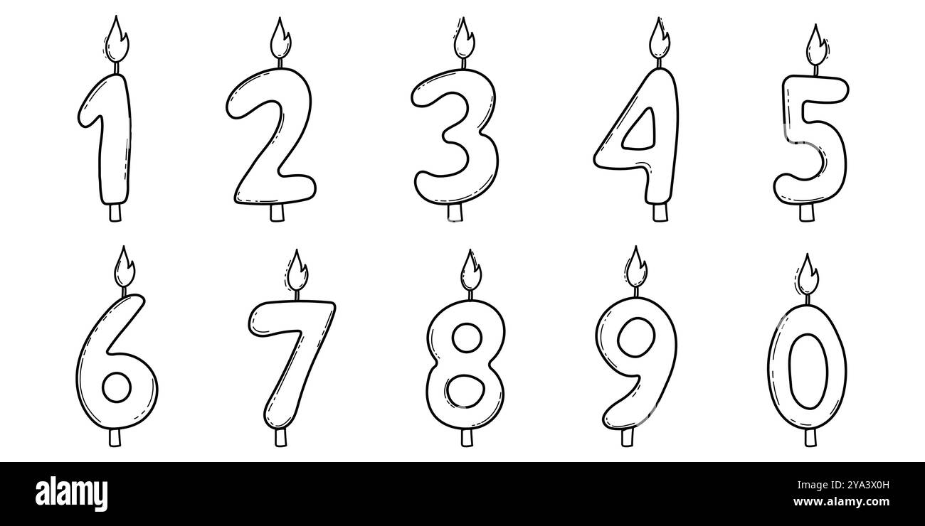 Le candele di compleanno contano un bel contorno a doodle, disegnate a mano. Imposta le decorazioni numerali delle feste con fiamma. . Illustrazione vettoriale Illustrazione Vettoriale