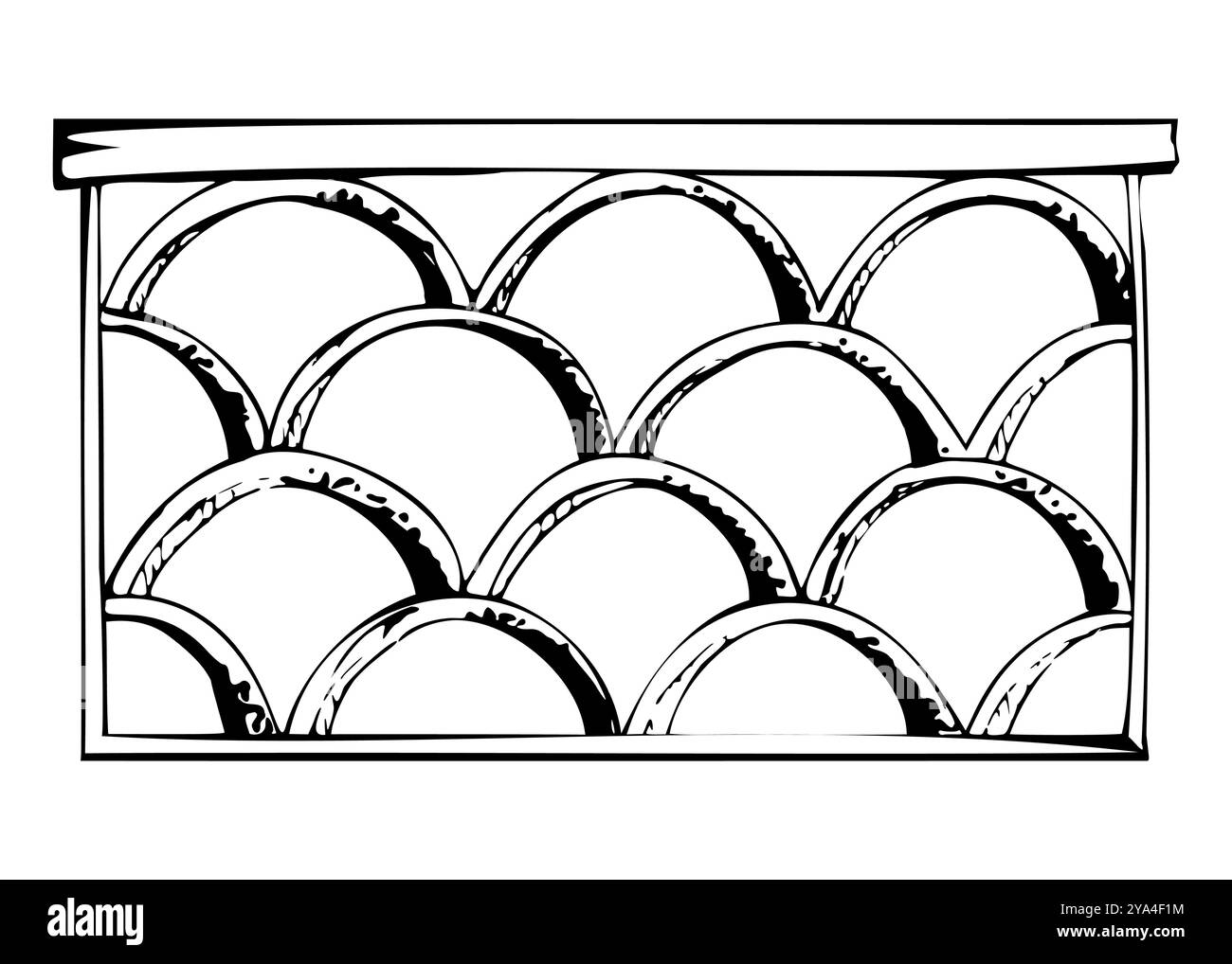 Muro di recinzione del giardino del patio, balaustra in terracotta, parete di confine in pizzo architettonico. Illustrazione del vettore di inchiostro disegnato a mano. Elemento singolo isolato attivato Illustrazione Vettoriale