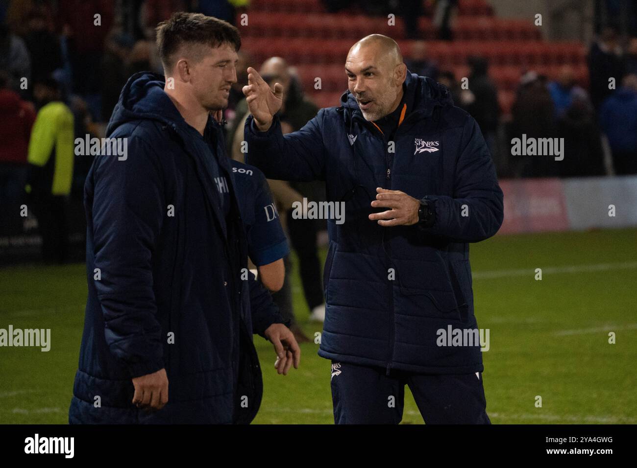 Alex Sanderson parla Ben Curry - sale Sharks Post Match - sale Sharks vs Newcastle Falcons - Gallagher Premiership Rugby - 11 ottobre 2024 - Salford Community Stadium crediti: Samuel Wardle/Alamy Live News Foto Stock