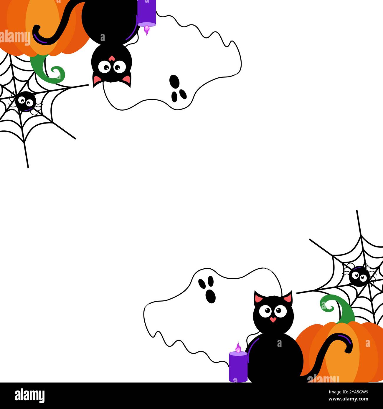 Modello quadrato di cornice vettoriale Halloween per social media con sfondo trasparente. Fantasmi, zucche spaventose, pipistrello, caramelle, gatto nero. ragno. Hallowee Illustrazione Vettoriale