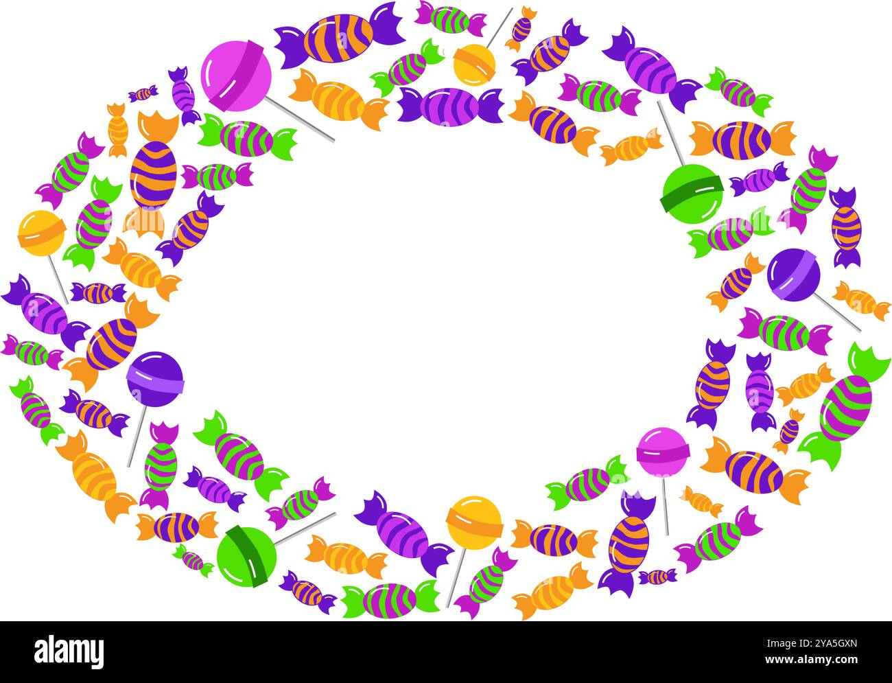 Cornice ovale Sweet Candy. Lecca-lecca multicolore, caramelle. Copia spazio per il testo. Illustrazione del fumetto vettoriale. Per negozio di caramelle, etichetta, simpatico saluto per bambini Illustrazione Vettoriale