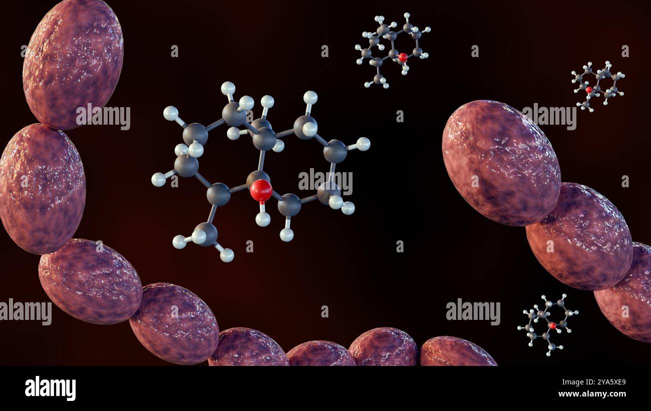 rendering 3d di streptomyces e molecole di geosmina, la geosmina contribuisce al caratteristico odore terroso. Foto Stock