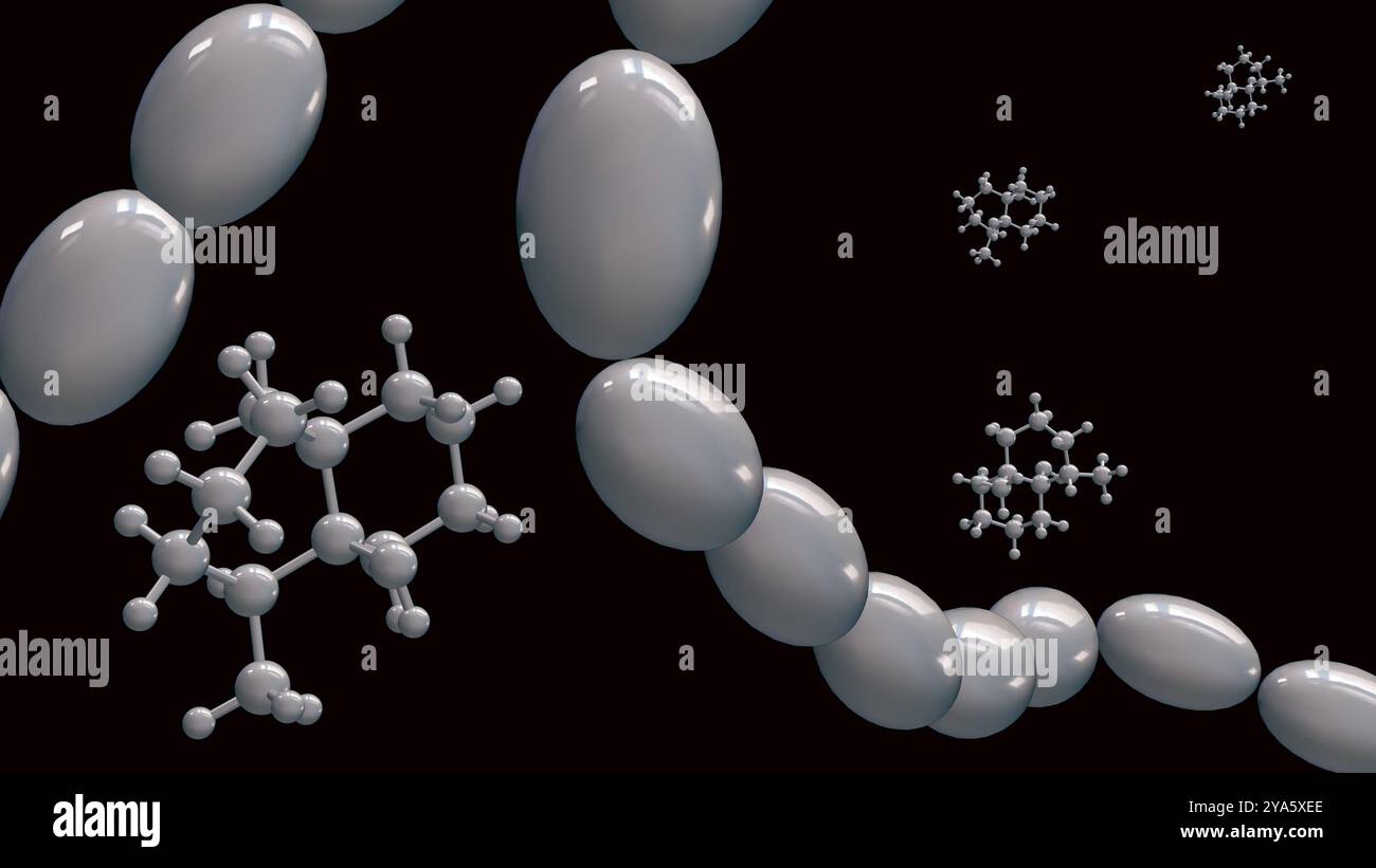 rendering 3d di streptomyces e molecole di geosmina, la geosmina contribuisce al caratteristico odore terroso. Foto Stock