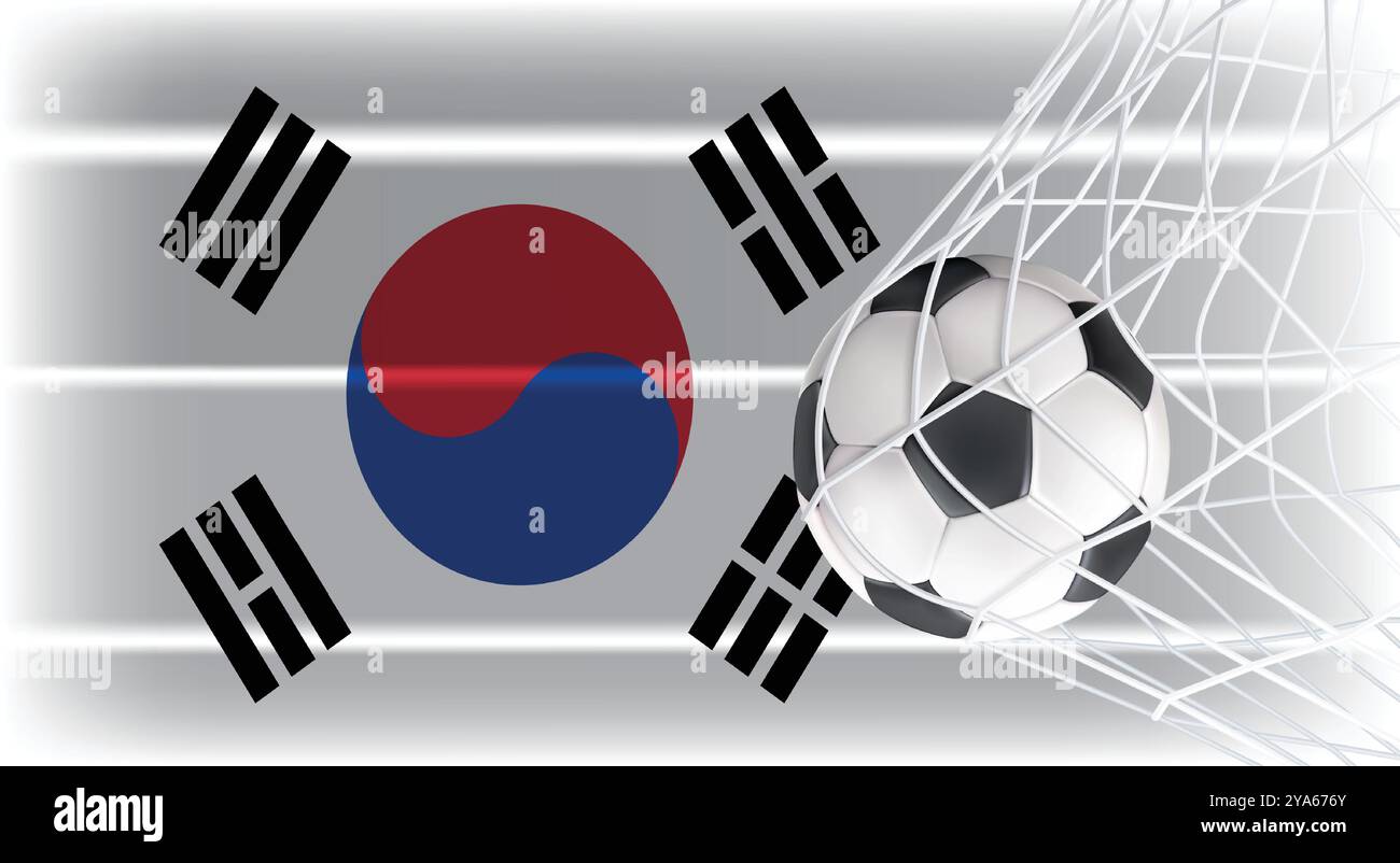 Calcio o calcio palla in rete porta isolato sulla bandiera ombreggiata della Corea del Sud, accessori sportivi attrezzature per giocare, campionato Illustrazione Vettoriale