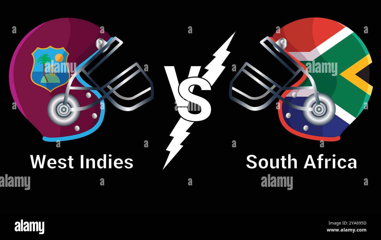 West Indies vs South Africa 3D Illustration Vector Flags Over Cricket Helmet for Versus Match with Black background Illustrazione Vettoriale