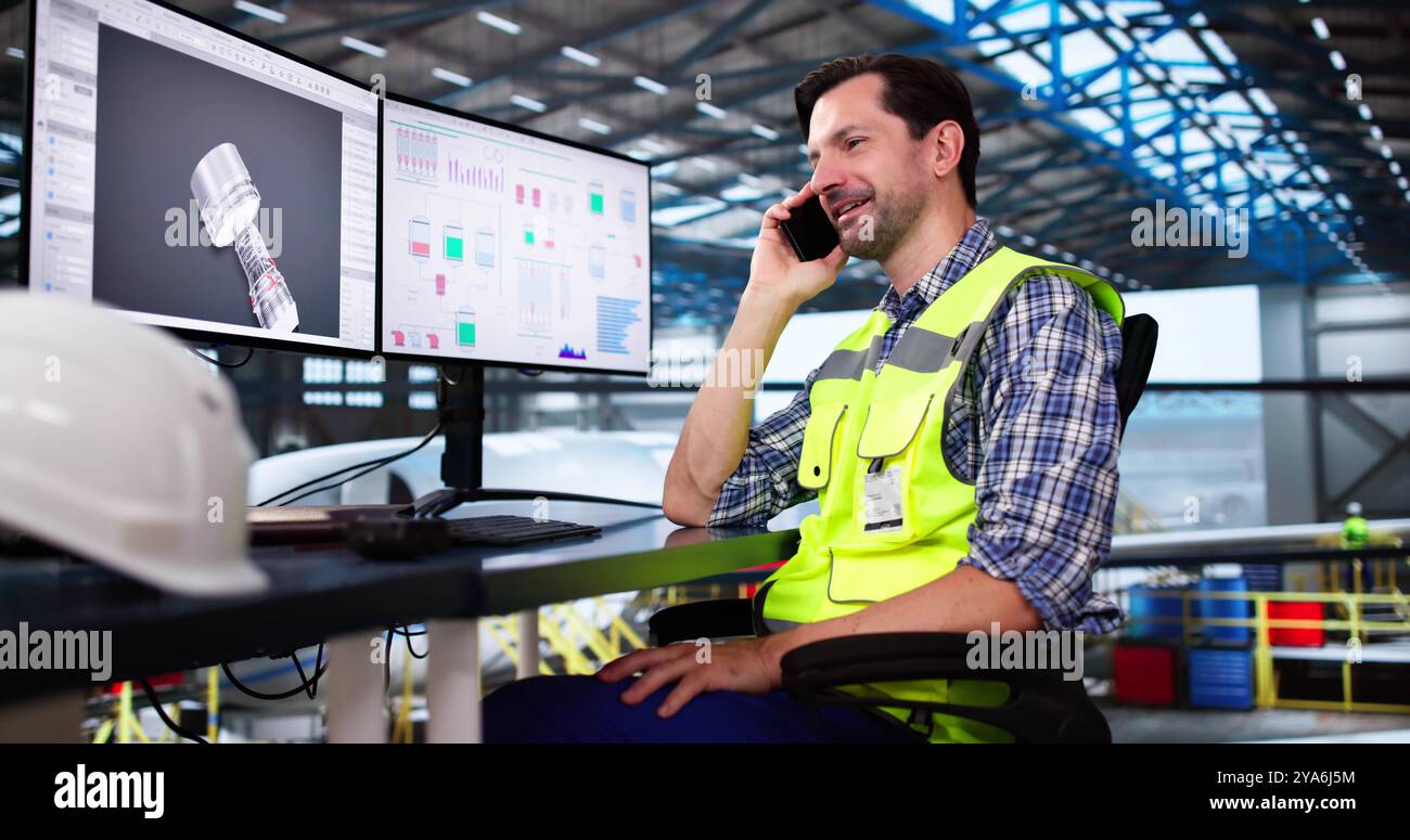 Il responsabile della sicurezza aerea chiama al telefono all'aeroporto Hangar Foto Stock