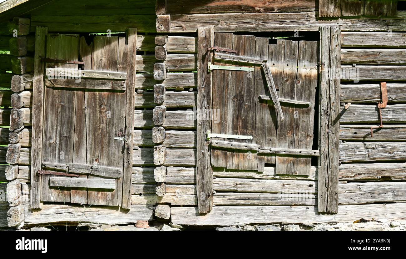 Vecchio fienile con porta in legno storto e serrature, valle Lauterbrunnen, Oberland Bernese, Svizzera Foto Stock