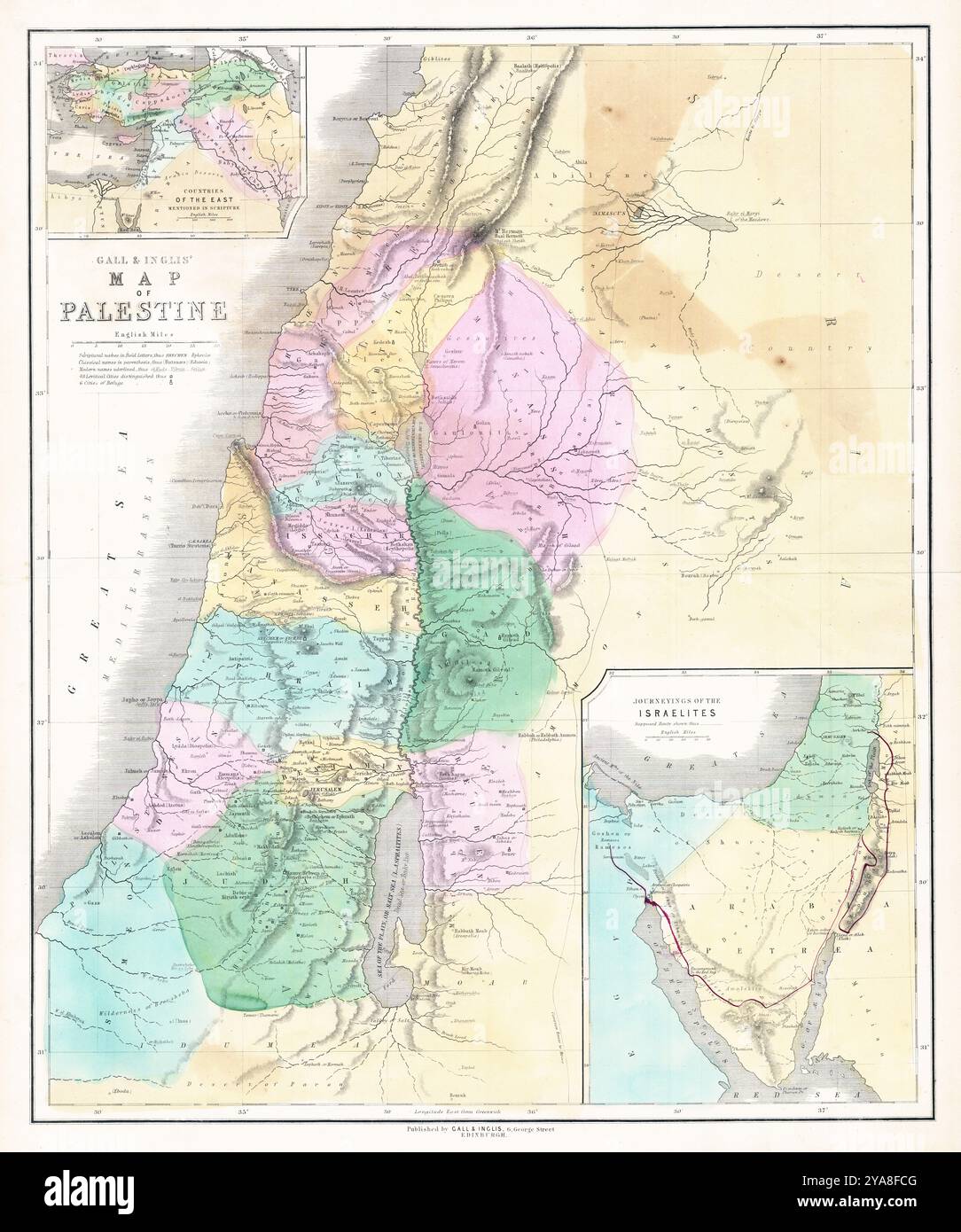 Gall & Inglis' mappa della Palestina, c 1859 - mappa in lingua inglese. Pubblicato a Edimburgo - Insets Countries of the East menzionato nella scrittura - Journeying of the Israelites Foto Stock