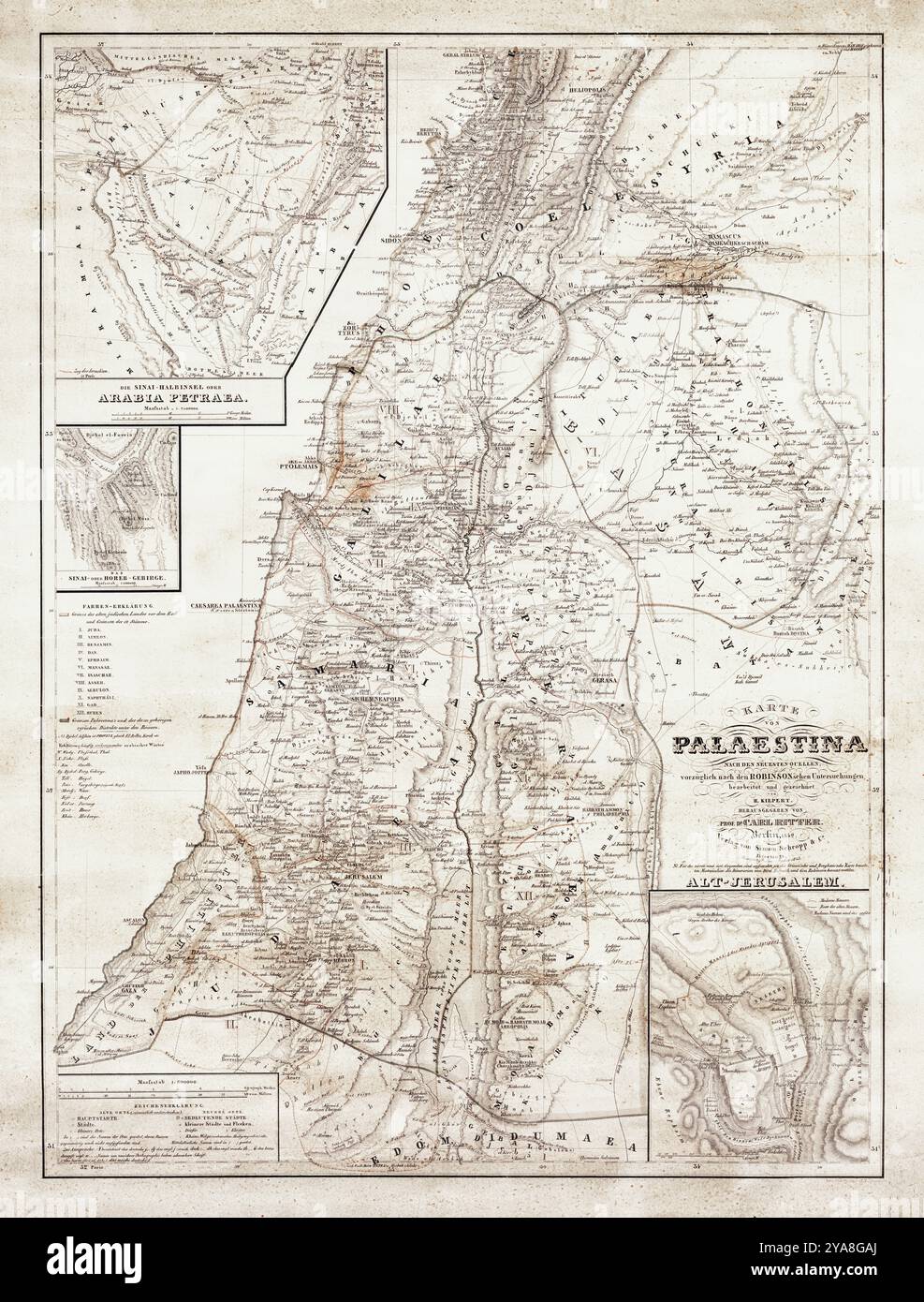 Carl Ritter mappa della Palestina, lingua tedesca - 1840 - digitalmente migliorata - Scala 1-600.000 Foto Stock