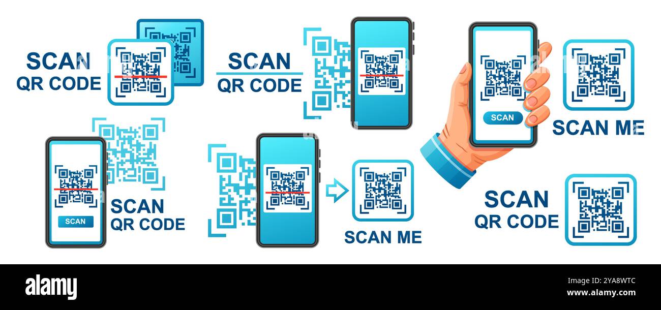 Scansione di codici QR con smartphone, applicazione per telefono cellulare con scanner di codici a barre elettronico, lettore di codici a barre laser online sul set di icone sullo schermo del dispositivo digitale del telefono Illustrazione Vettoriale