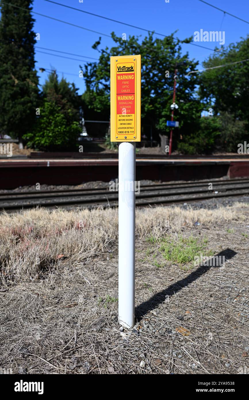 Cartello di accesso giallo brillante VicTrack, che avverte della presenza di fibre ottiche, segnali e cavi di alimentazione a terra, vicino a una stazione ferroviaria Foto Stock