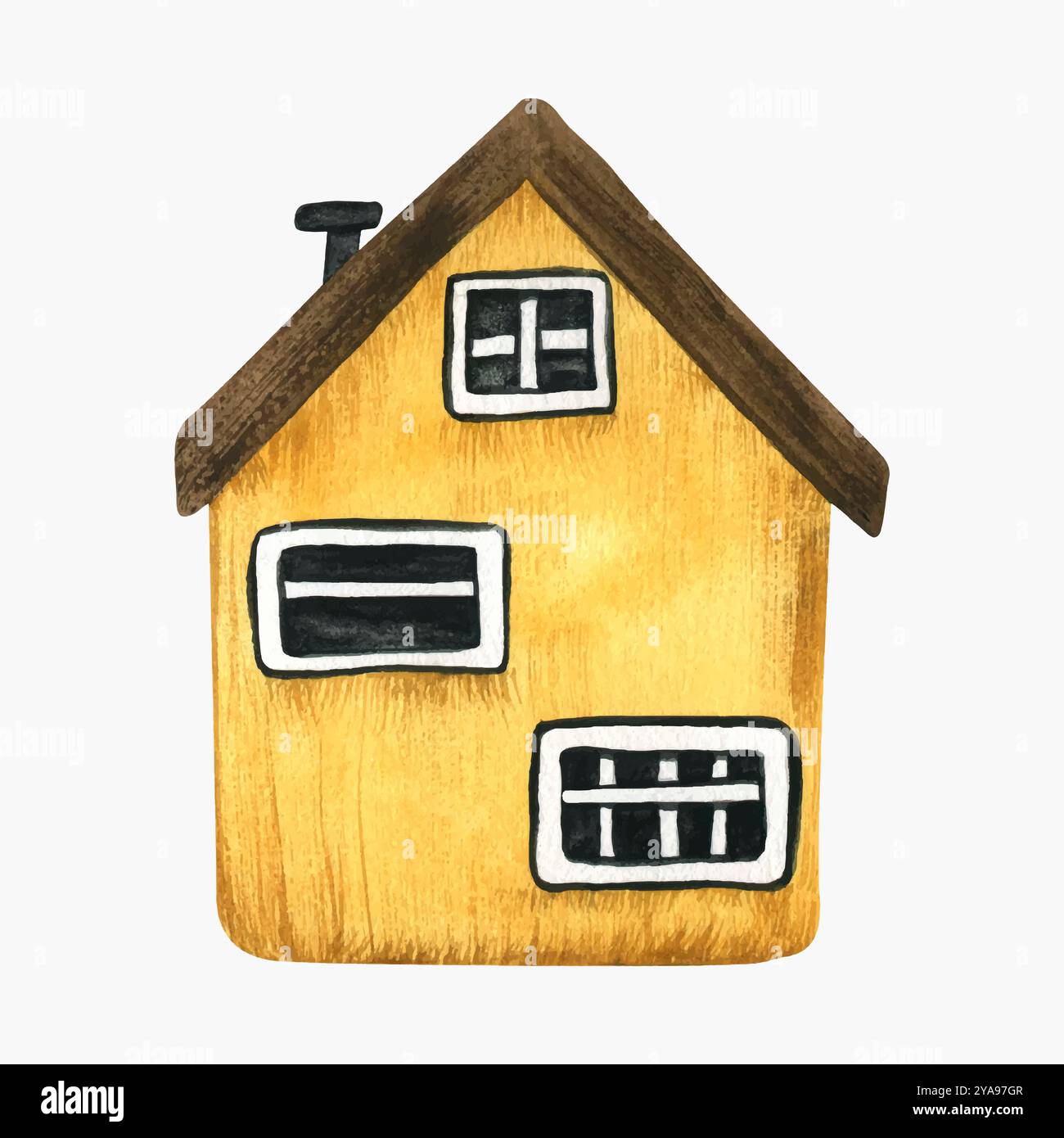 Piccola casa gialla cartoni animati isolata su sfondo bianco. Acquerello illustrazione stilizzata per bambini disegnata a mano. Piccolo cottage in legno accogliente Illustrazione Vettoriale