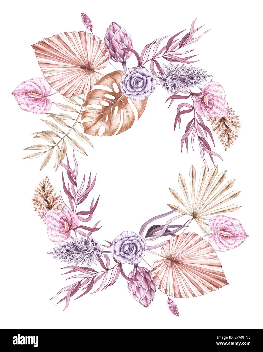 Corona boho tropicale acquerello con fiori Foto Stock