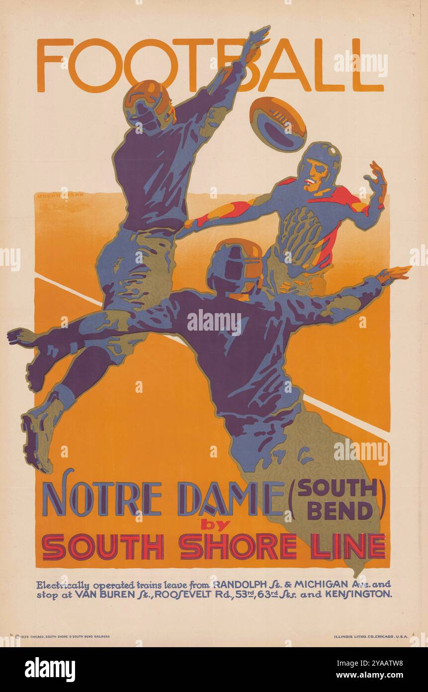 Football americano a Notre-Dame (South Bend, Indiana). Poster dalla ferrovia della South Shore Line tra South Bend, Indiana e Chicago, Illinois, evidenziando lungo la ferrovia. anni '1920 Foto Stock