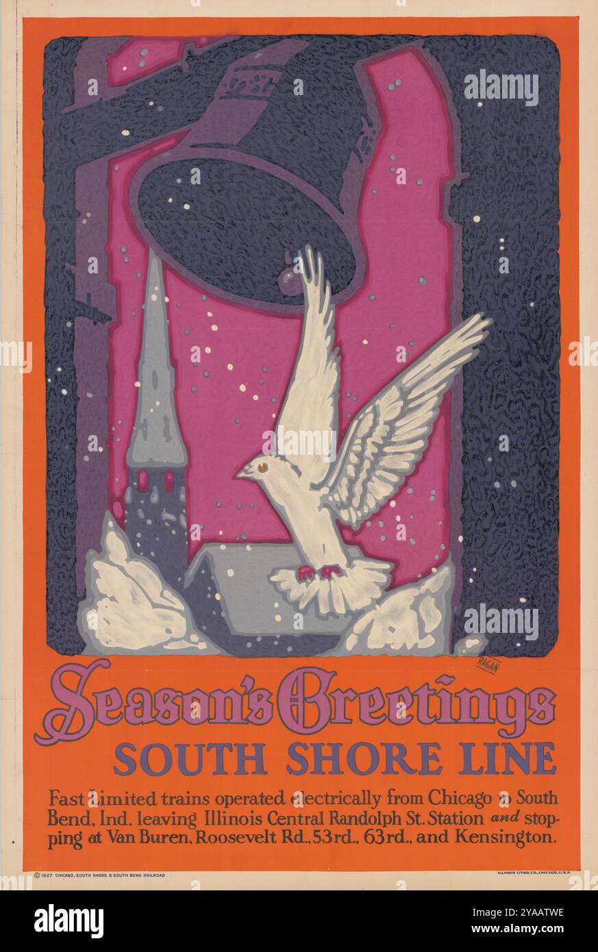 Buone feste. Poster della ferrovia della South Shore Line tra South Bend, Indiana e Chicago, Illinois, evidenziando i punti lungo la ferrovia. anni '1920 Foto Stock