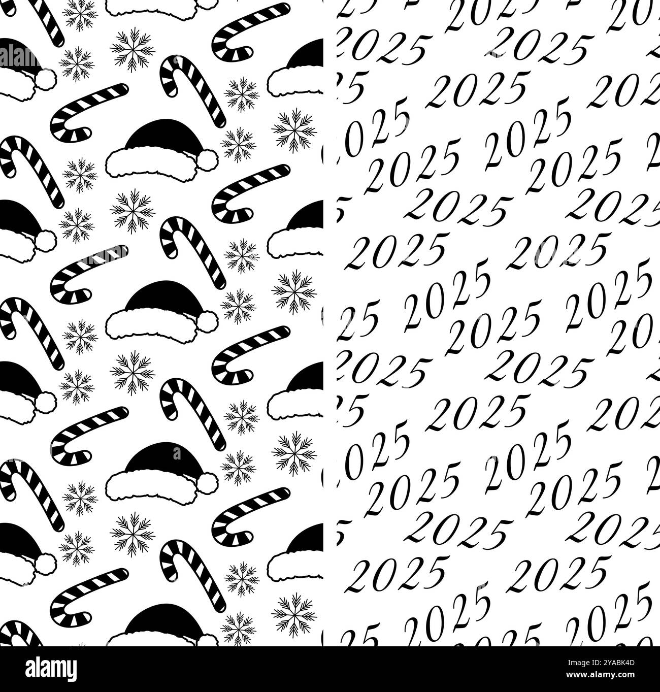 Data di Capodanno 2025 e Candy Canes, cappelli di Babbo Natale, fiocchi di neve bianco e nero semplici motivi senza cuciture. Set di 2 schede a tema con illustrazione vettoriale isolata, poster, opuscoli, etichette o sfondo promozionale Web Illustrazione Vettoriale