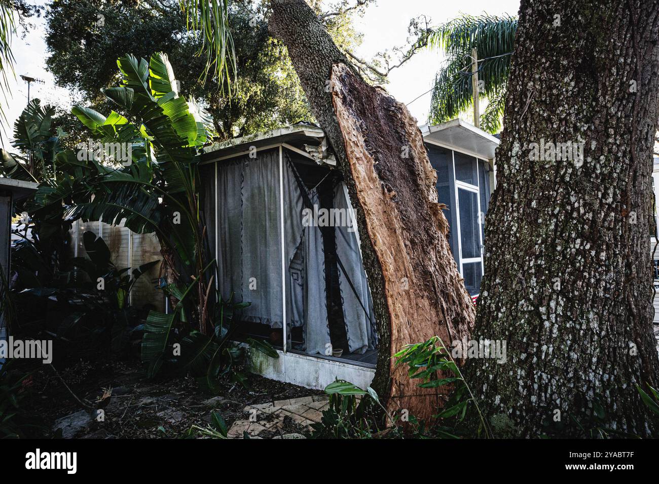 Dade City, Florida, Stati Uniti. 12 ottobre 2024. I danni alle case fabbricate nella sezione posteriore del Sawmill Camping Resort Co-op hanno subito gravi danni a causa degli impatti dell'uragano Milton. (Credit Image: © Dave Decker/ZUMA Press Wire) SOLO PER USO EDITORIALE! Non per USO commerciale! Foto Stock