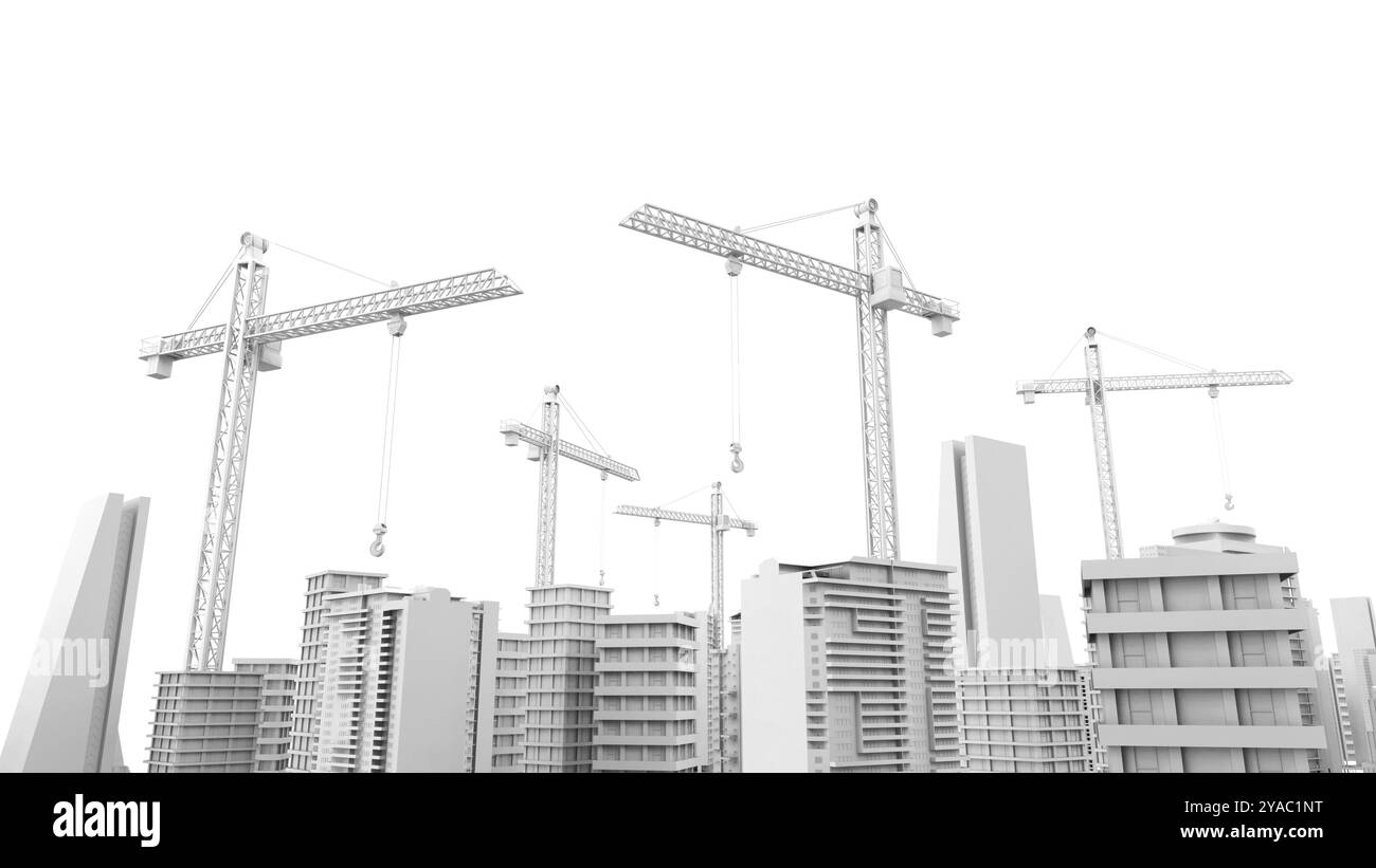 Città di sviluppo con rendering in 3d modello bianco di alto edificio esterno con gru da costruzione Foto Stock
