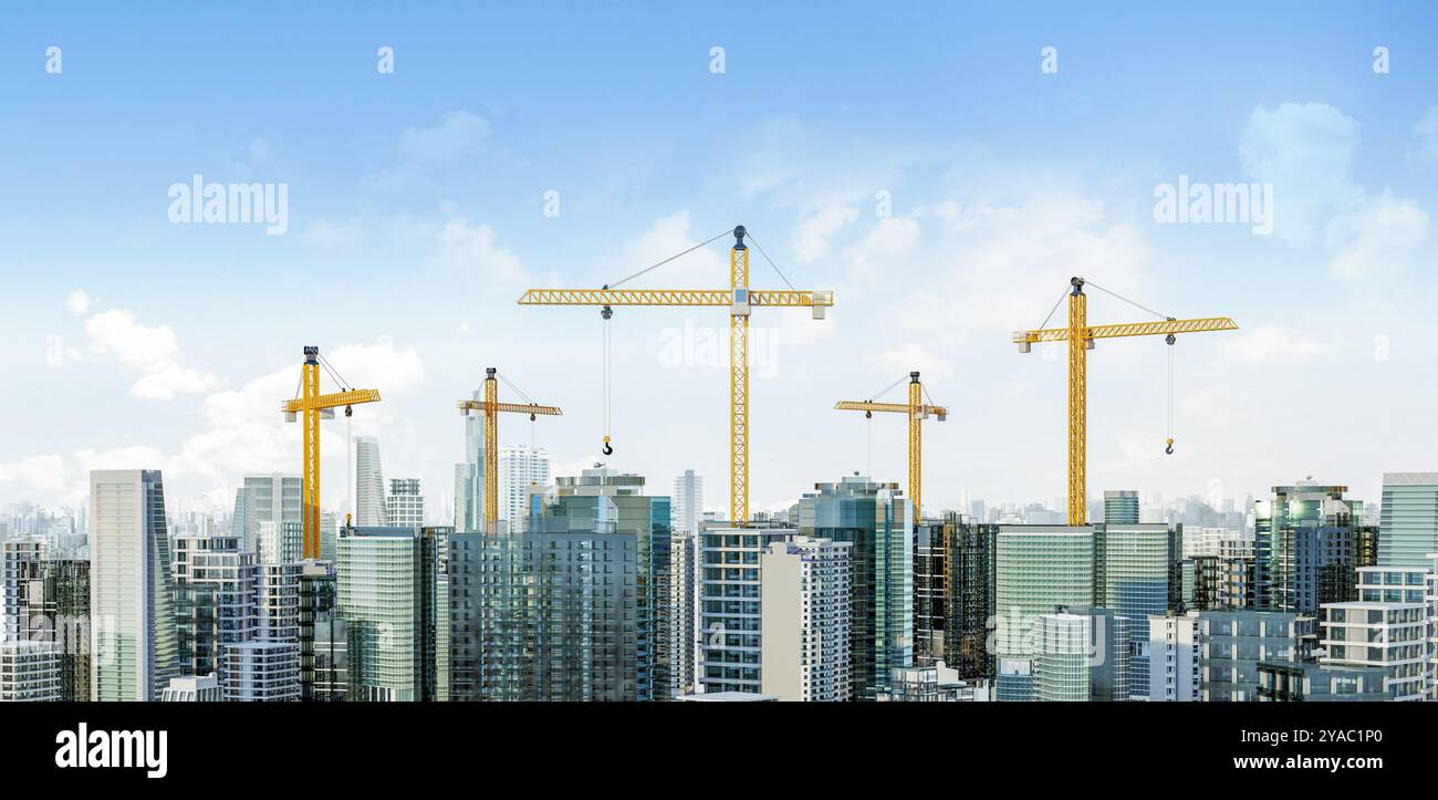 Città di sviluppo con esterno alto edificio 3d rendering con gru da costruzione Foto Stock