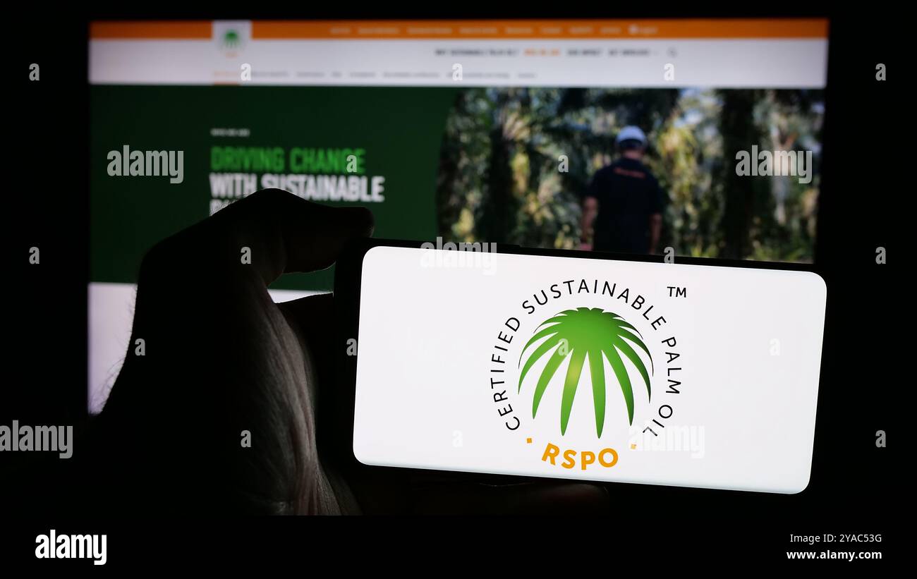 Persona che possiede un telefono cellulare con il logo Roundtable on Sustainable Palm Oil (RSPO) sullo schermo davanti alla pagina Web. Mettere a fuoco il display del telefono. Foto Stock