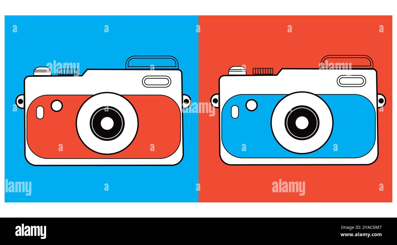 Fotocamere in stile retrò con colori blu e rosso, illustrate simmetricamente. Questo design grafico pop-art vettoriale è caratterizzato da fotografie colorate e vintage Illustrazione Vettoriale