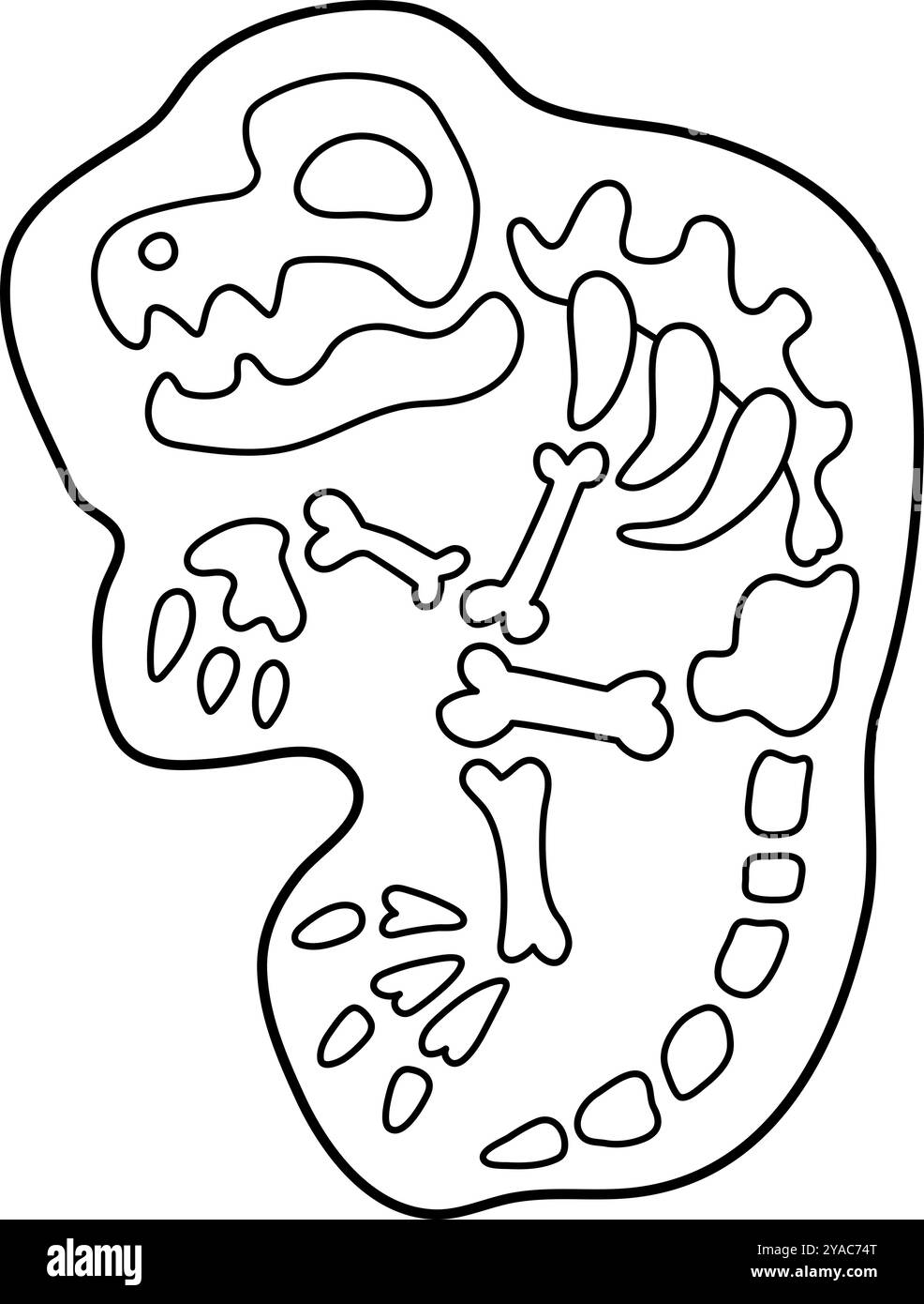 Icona delle ossa di tyrannosaurus rex in bianco e nero vettoriale. Simpatici fossili di dinosauro illustrazioni per bambini. Divertente scossa di T-rex per bambini. Auto Illustrazione Vettoriale