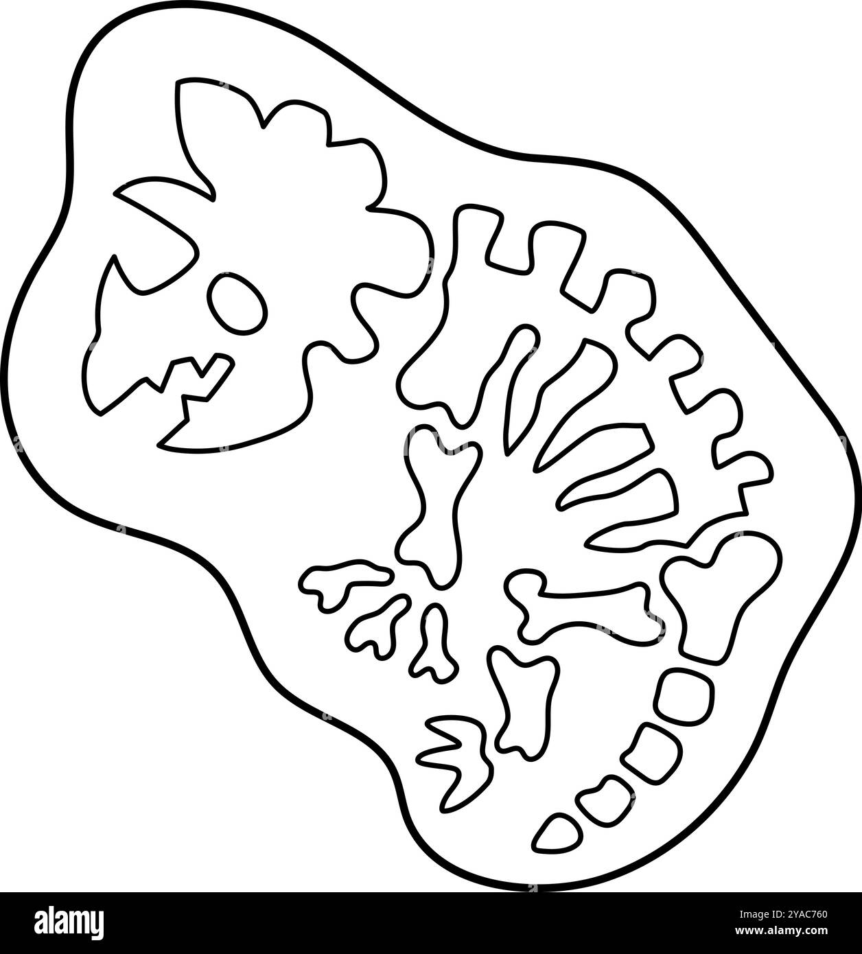 Icona Vector black and white triceratops Bones. Simpatici fossili di dinosauro illustrano le linee. Divertente scavo di Dino clipart isolato su sfondo bianco. Auto Illustrazione Vettoriale