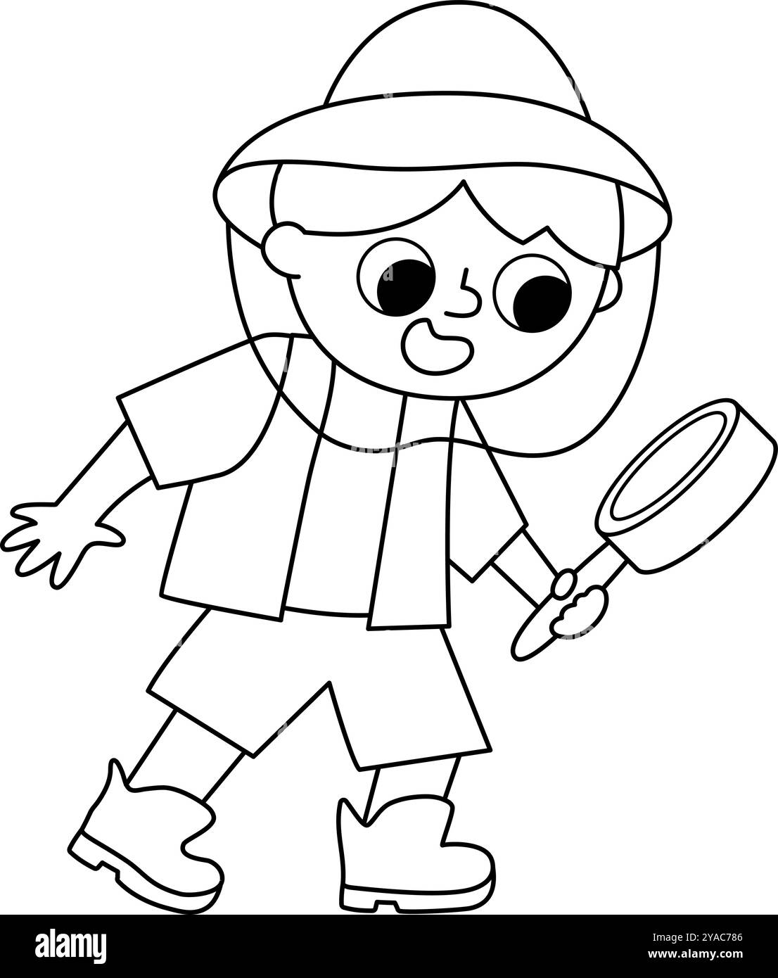 Icona paleontologo in bianco e nero vettoriale. Cartoni animati curioso archeologo ragazzo in cappello con aspetto vetro. Scavi di dinosauri storici o scavi scienti Illustrazione Vettoriale