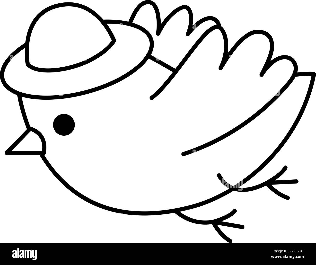Icona Vector Black and White Flying Bird in Hat. Archeologo cartoon clipart animale. Archeologo storico dei dinosauri o scienziato degli scavi, explorer linea i Illustrazione Vettoriale
