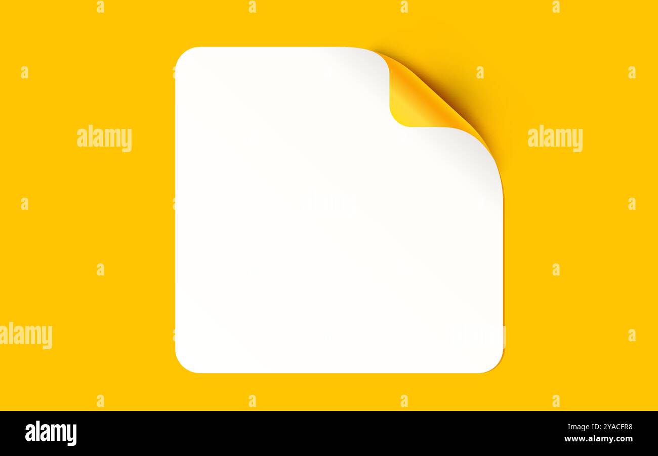 Adesivo con angolo staccabile isolato su sfondo giallo. Striscione vettoriale per carta bianca o etichetta piegata quadrata. Illustrazione vettoriale Illustrazione Vettoriale