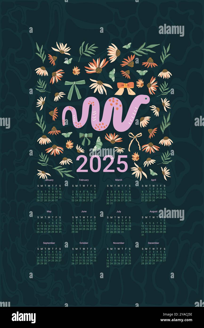 2025 Calendario con graziosi serpenti e fiori a margherita. Striscione verticale con il simbolo dell'anno e la stampa dei fiori conici. Illustrazione vettoriale scura Illustrazione Vettoriale