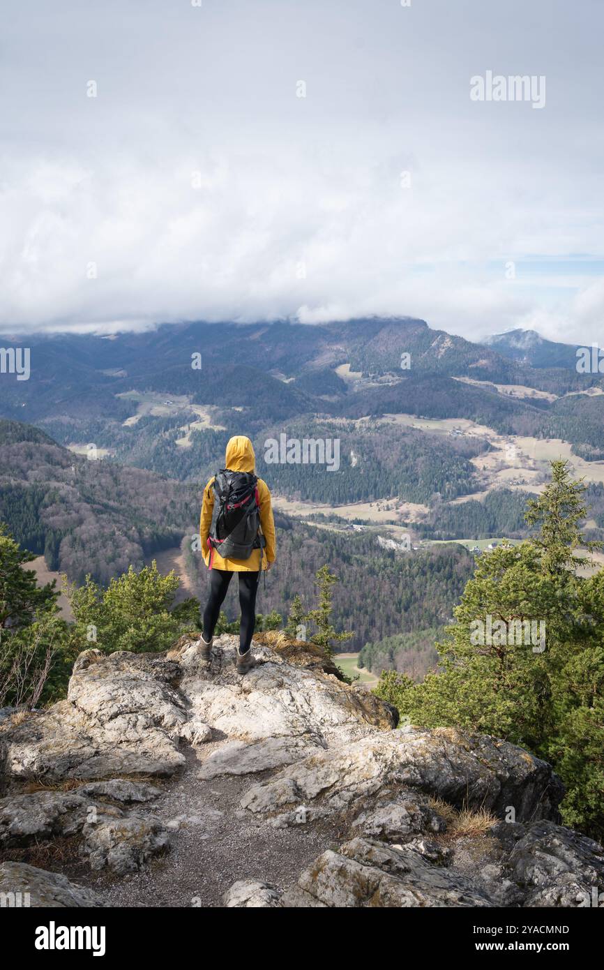 Escursionista femminile sulla cima della montagna godendosi la vista sul paesaggio sottostante, scatto verticale Foto Stock