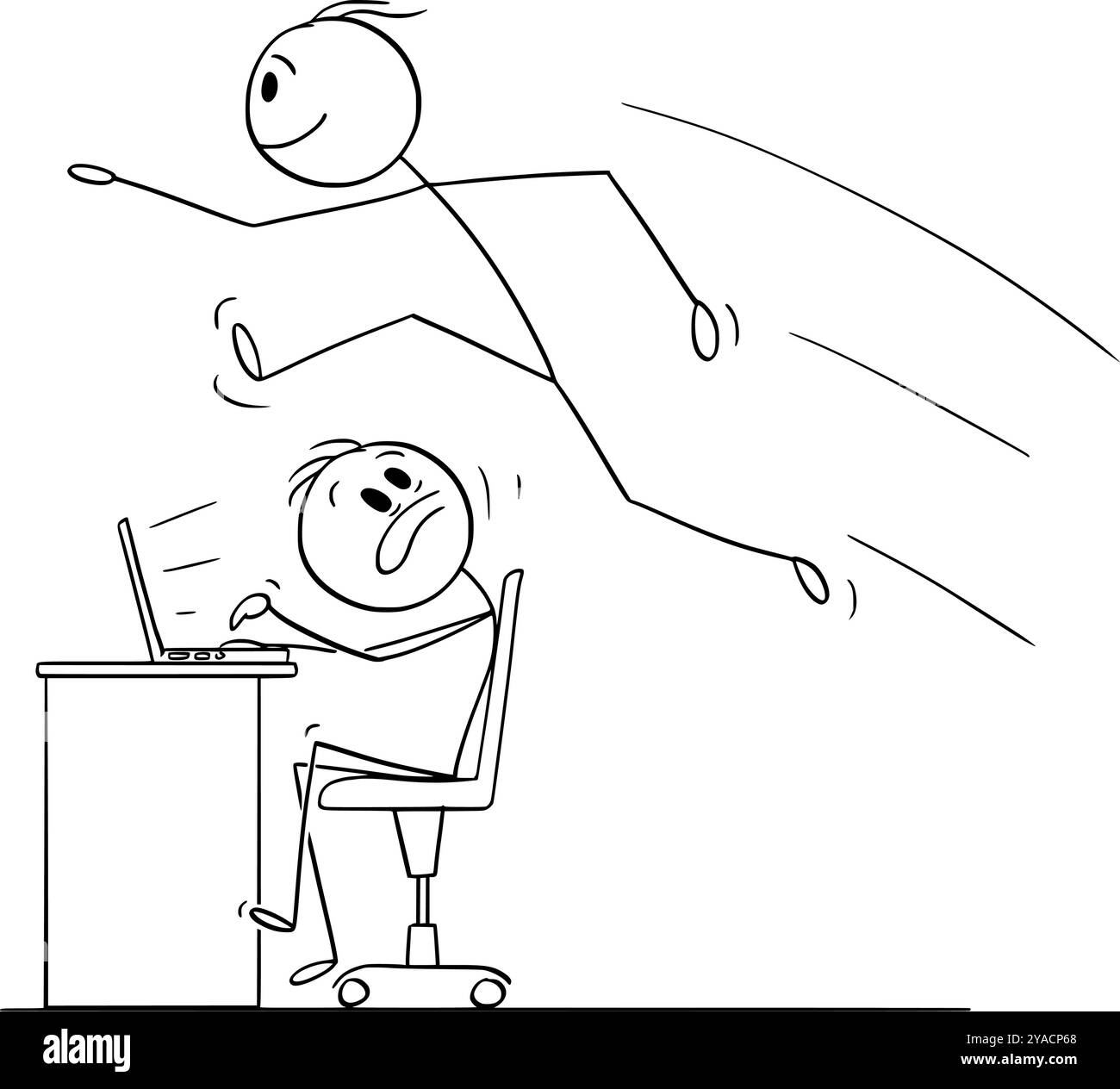 Persona che salta sul tavolo e sul lavoratore d'ufficio che lavora al computer, personaggio vettoriale o illustrazione del personaggio. Illustrazione Vettoriale