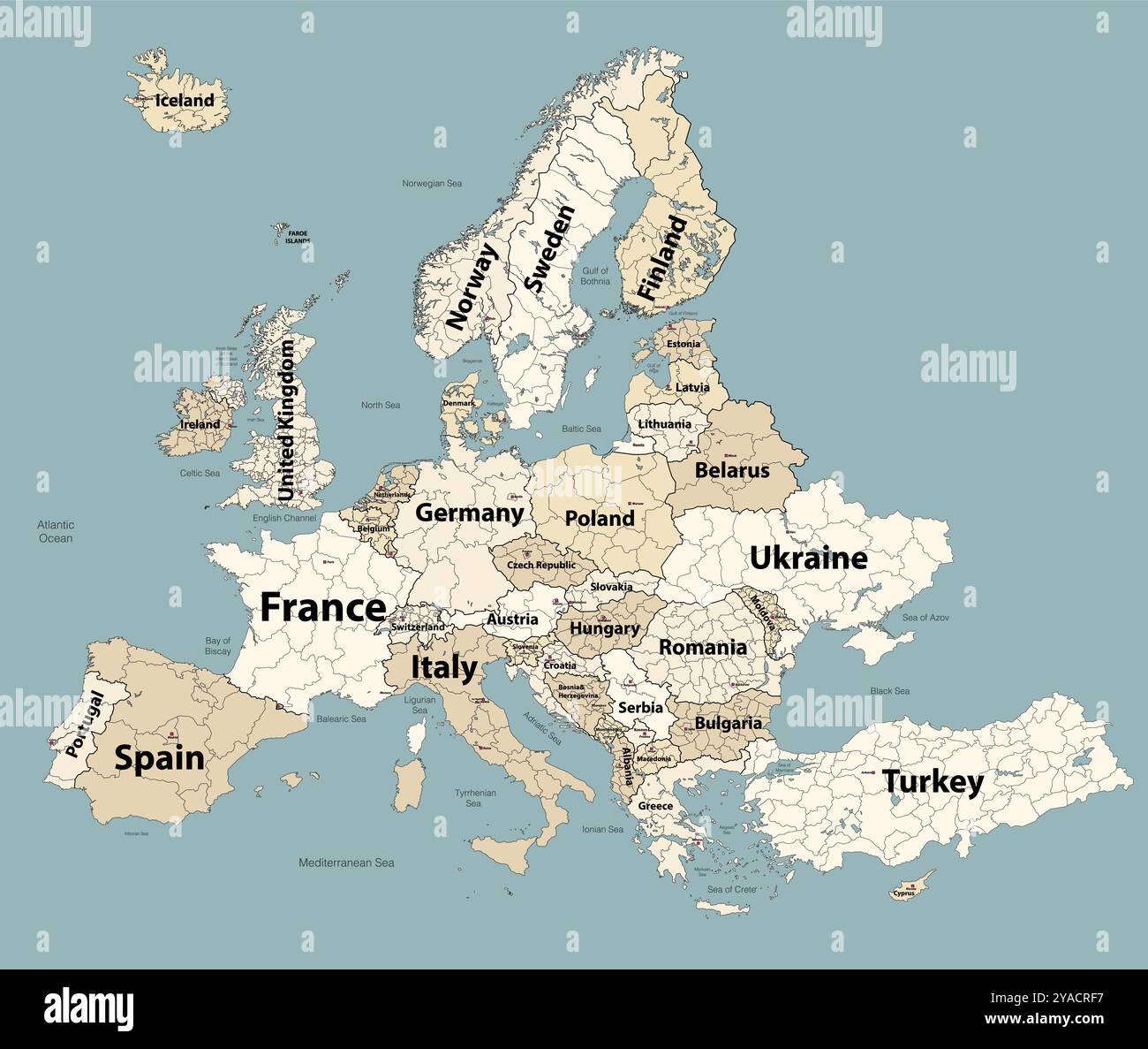 Mappa dell'Europa con divisioni amministrative confini. Tavolozza di colori beige tenui. Illustrazione vettoriale Illustrazione Vettoriale