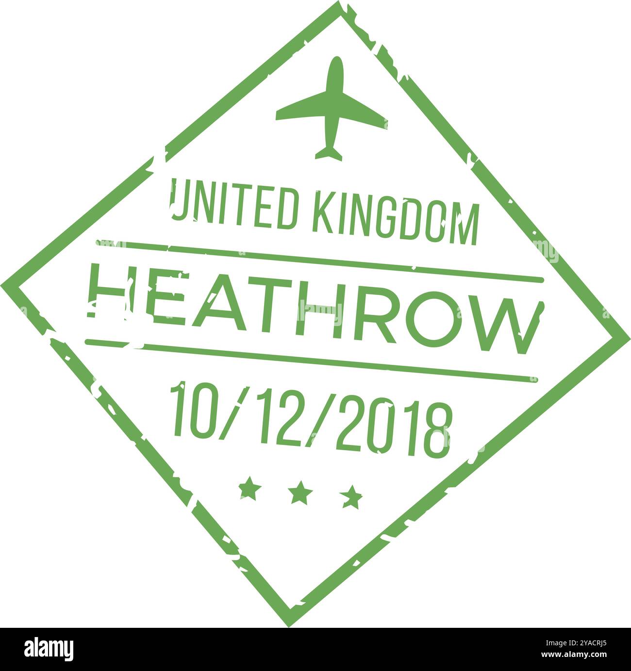 Un francobollo di viaggio contrassegnato con la data del 12 ottobre 2018 mostra l'aeroporto di Heathrow nel Regno Unito con un simbolo di un aereo Illustrazione Vettoriale