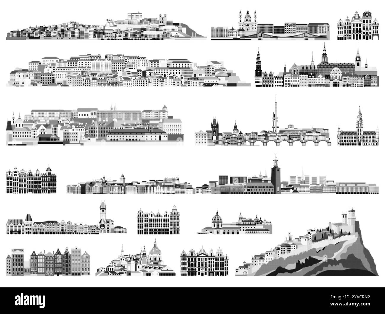 Skyline di città monocromatiche mezzitoni, edifici storici ed elementi di paesaggi urbani. Stile retrò, vintage, da cartolina. Illustrazioni vettoriali isolate Illustrazione Vettoriale