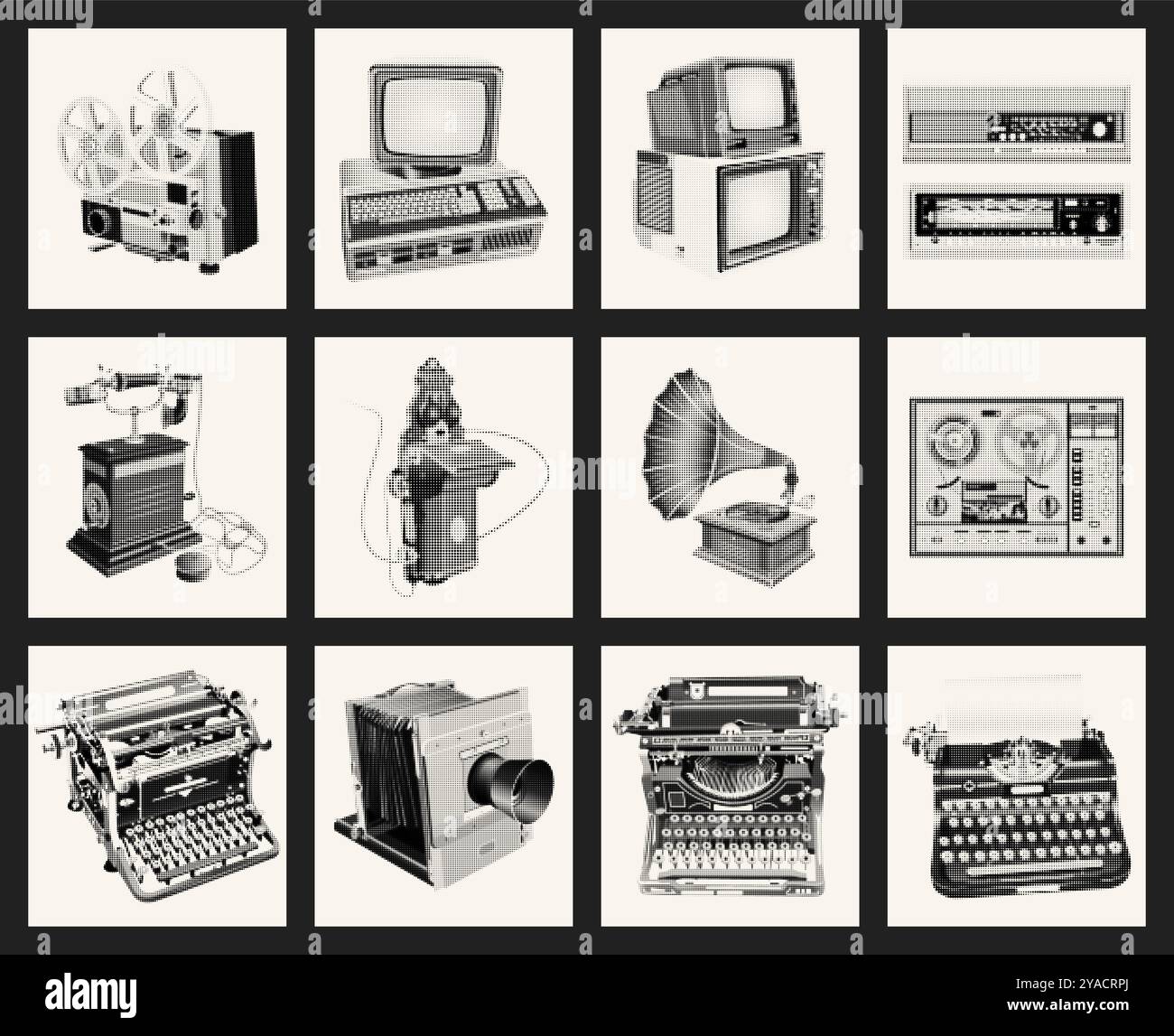 Tecnica retrò, vintage, vecchio stile. Illustrazioni monocromatiche mezzitoni icone serie vettoriale Illustrazione Vettoriale