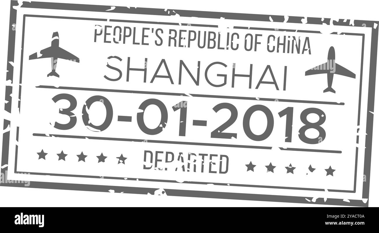 Questa immagine raffigura un francobollo di partenza da Shanghai in Cina che mostra la data di gennaio 30 2018 e i simboli degli aerei che riflettono i viaggi internazionali Illustrazione Vettoriale