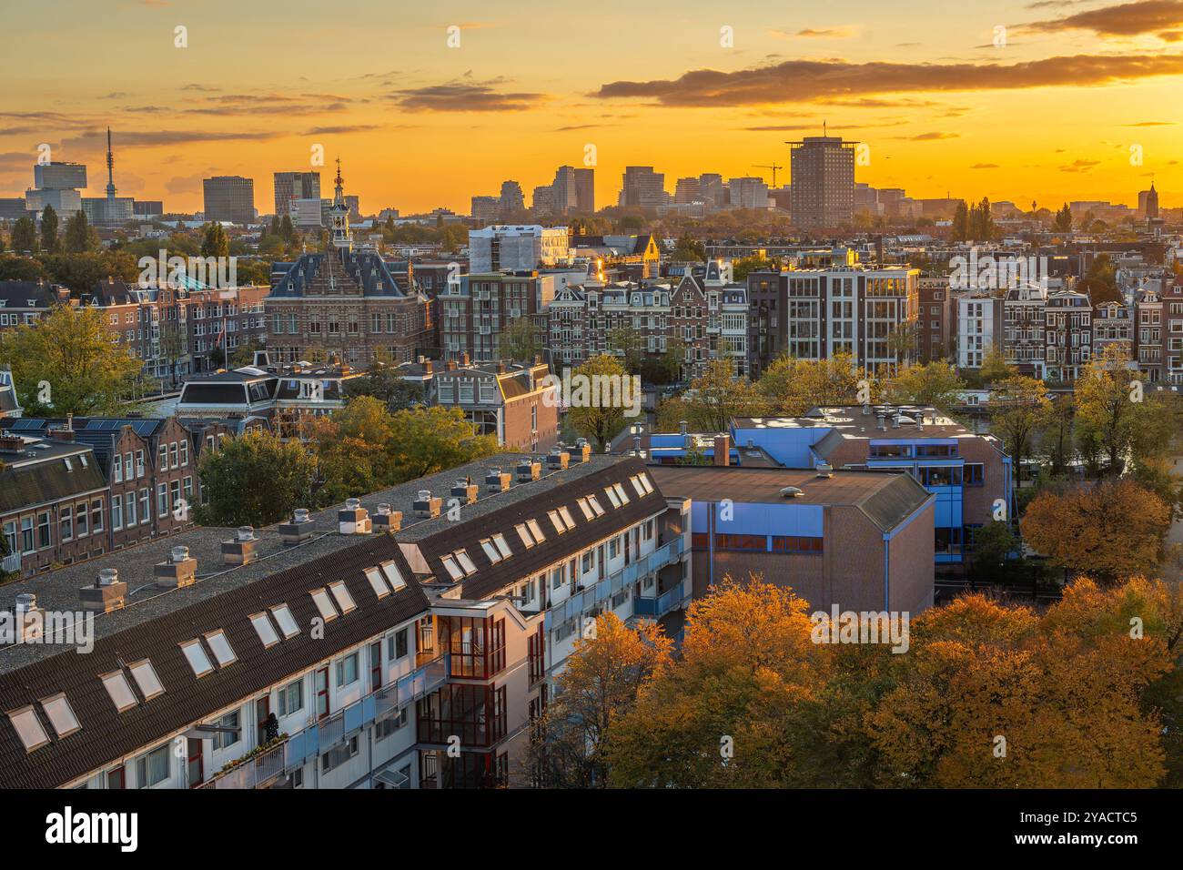 Skyline di Amsterdam in autunno al tramonto, vista verso i quartieri di Rivierenbuurt e Zuidas Foto Stock