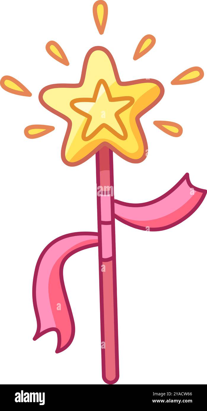 Una bacchetta magica vibrante con punta a forma di stella e un nastro rosa che scorre. Ideale per i bambini che indossano giochi creativi e feste a tema Illustrazione Vettoriale