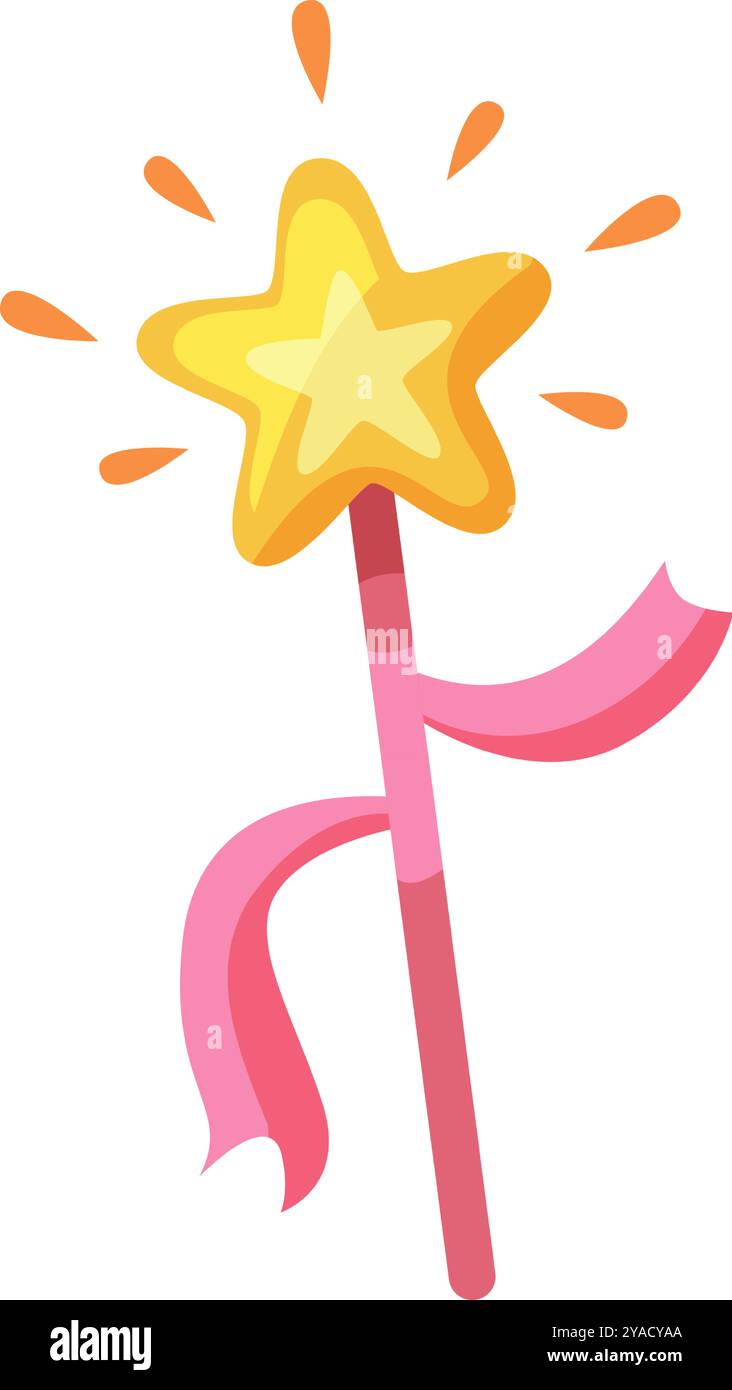 Questa vivace bacchetta a forma di stella presenta un design a stella giallo brillante e un nastro rosa che scorre, ideale per giochi fantasiosi e momenti magici Illustrazione Vettoriale