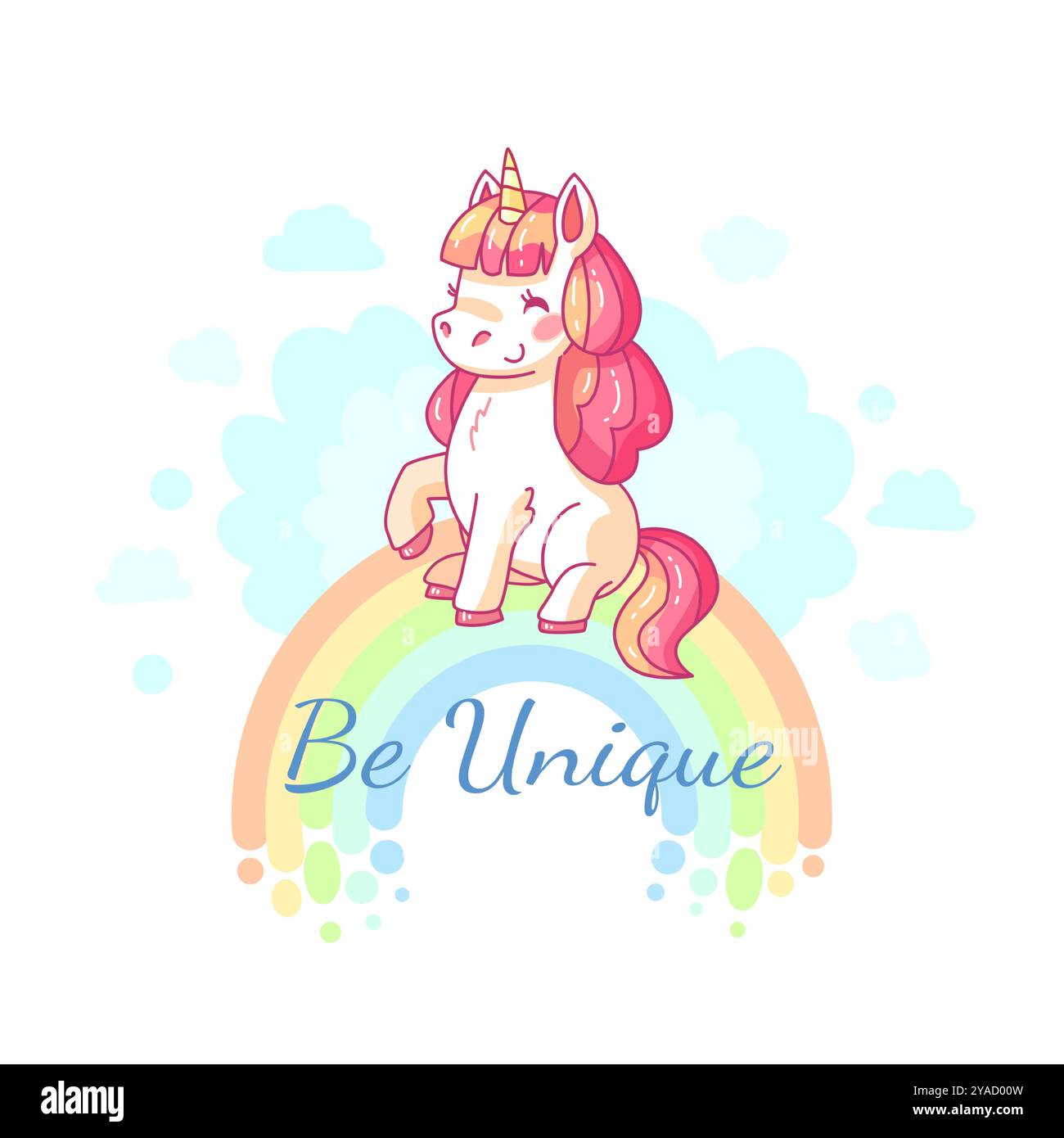 Un unicorno colorato si siede felicemente in cima a un arcobaleno che irradia positività con la frase Be Unique scritta di seguito che mostra un design giocoso e stravagante Illustrazione Vettoriale