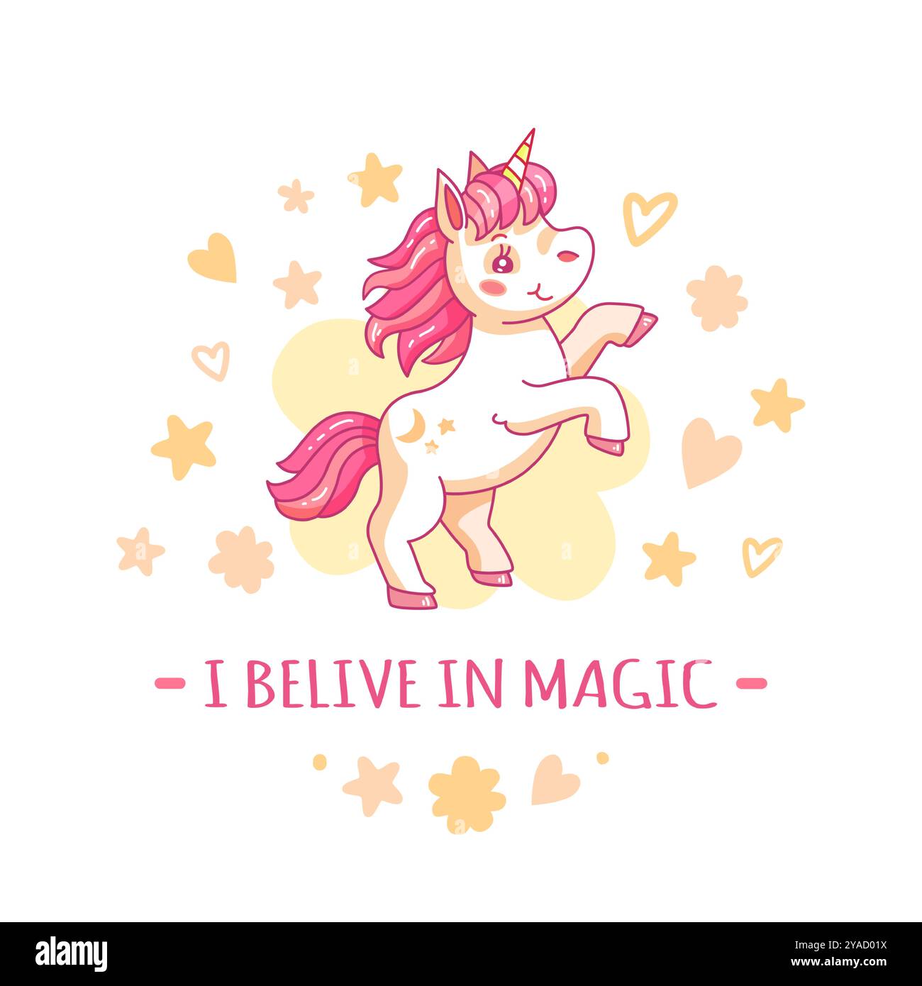 Un unicorno colorato con prugne rosa che proclamano gioiosamente la propria fede nella magia. E' circondato da cuori e stelle pastello che creano un allegro Illustrazione Vettoriale