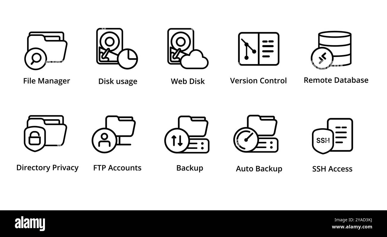 File Manager archiviazione su disco accesso remoto privacy trasferimento file FTP backup automatico insieme di icone SSH illustrazione grafica vettoriale server di hosting Web Illustrazione Vettoriale