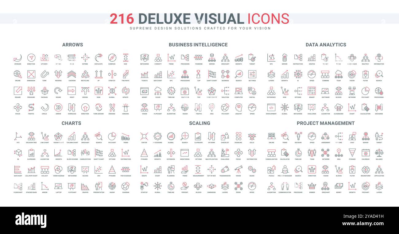 Analisi dei dati e delle tendenze, sviluppo di progetti, competenze aziendali dell'analista, set di icone della linea delle frecce. Grafico di misurazione e scala, ricerca di informazioni sottili simboli di contorno neri e rossi illustrazione vettoriale Illustrazione Vettoriale